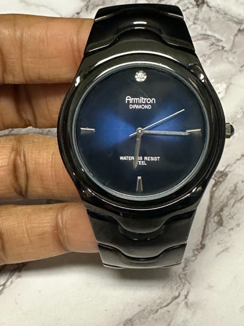Armitron Watch Men Black Blue Dial Diamond Accent New Battery 7.25 Inch